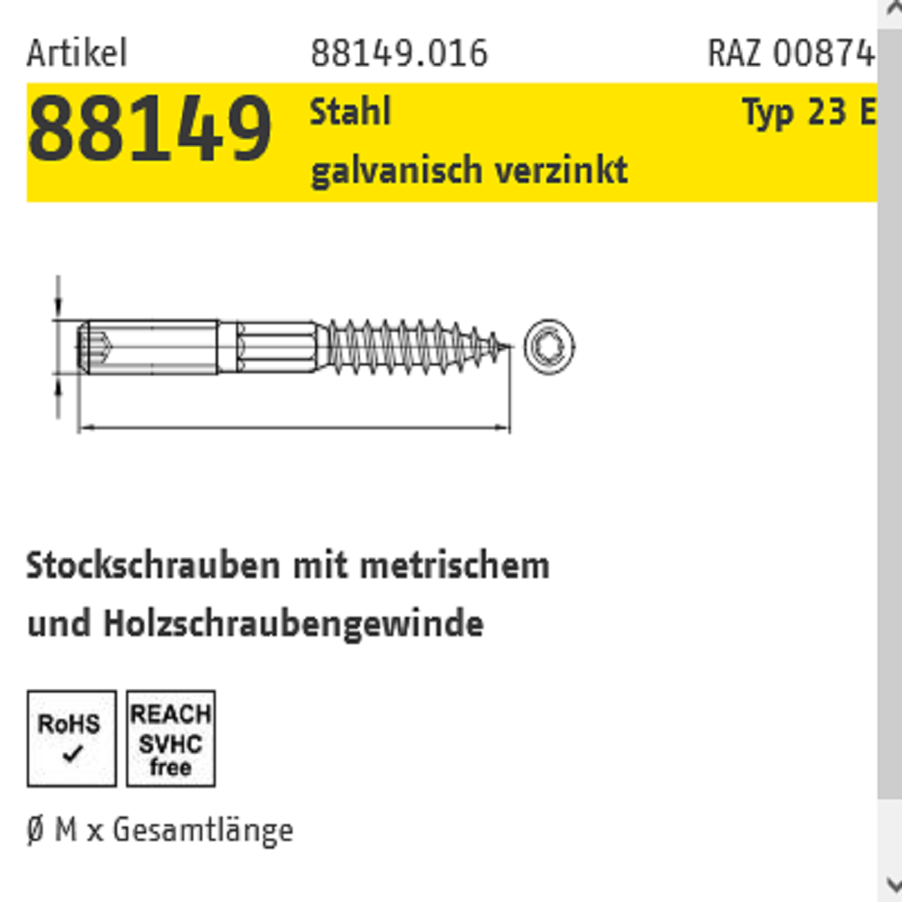 Reyher Stockschrauben 23E galv. vz. M8x140 mm 100 ST