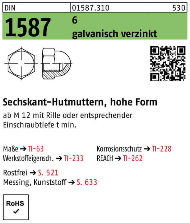 Reyher Sechskant-Hutmuttern galv. vz. M6 40 ST