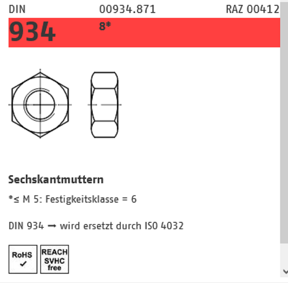 Reyher Sechskantmuttern Kl. 8 galv. vz. M16 25 ST