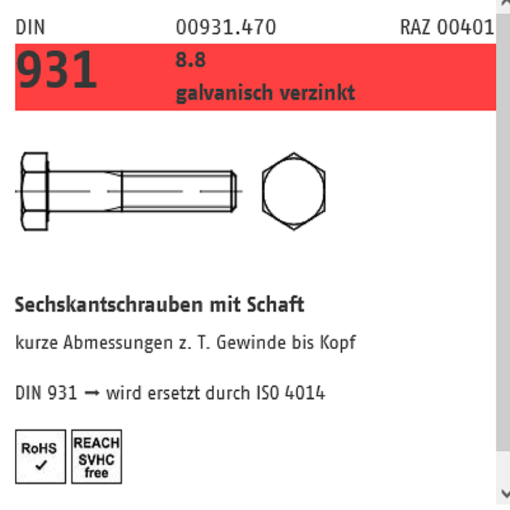 Reyher Sechskantschraube 8.8 galv. vz. M8xXX mm