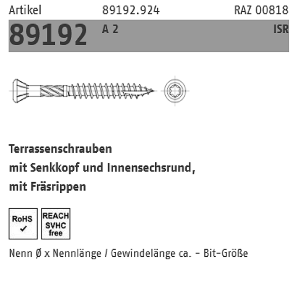 Reyher Terrassenschrauben SeKo A2 5x50/30 mm 200 ST