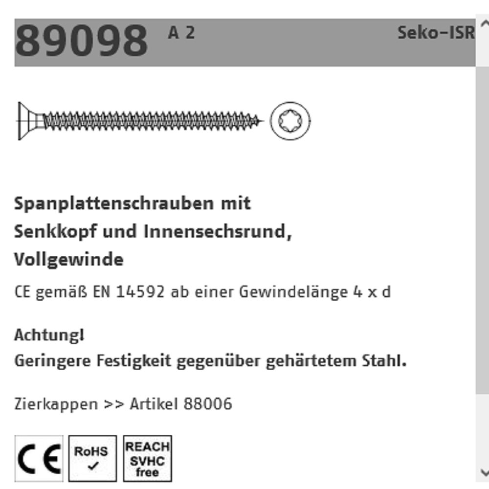 Reyher Spanplattenschraube SeKo A2 VG 5,0x80 mm 100 ST Reyher Spanplattenschraube SeKo A2 VG 5,0x80 mm 100 ST