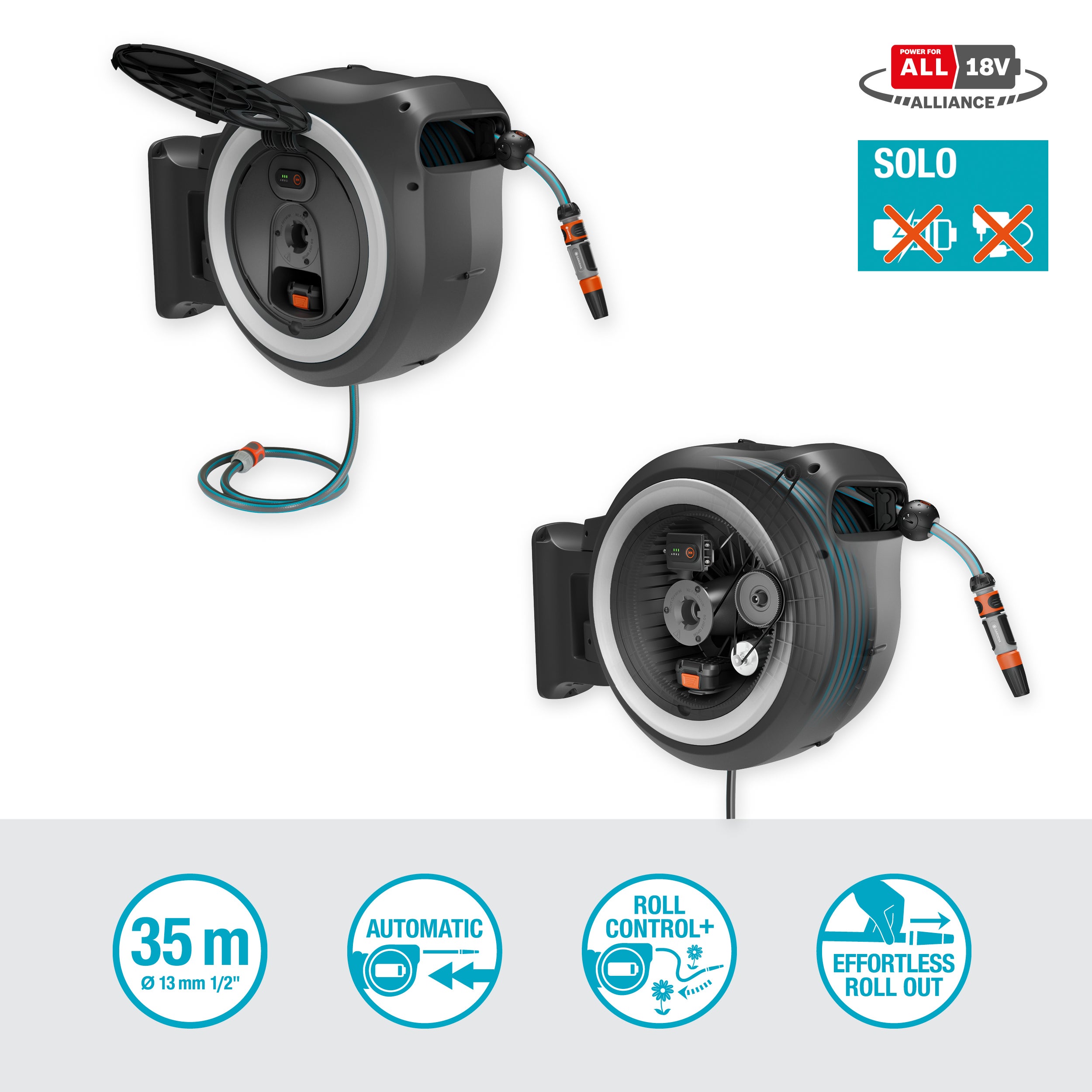 Gardena Akku-Wand-Schlauchbox PowerRoll XL 18V P4A solo, weiß 35 m #18642-55.