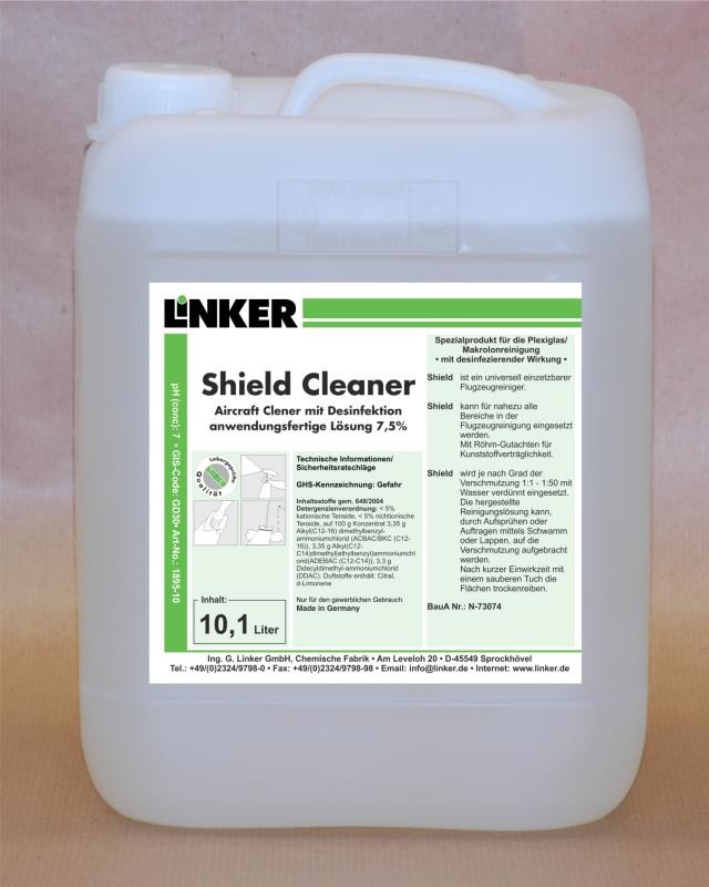 Linker Chemie Shield Cleaner - Desinfektionsreiniger für alle Klarglasscheiben 10,1 Liter