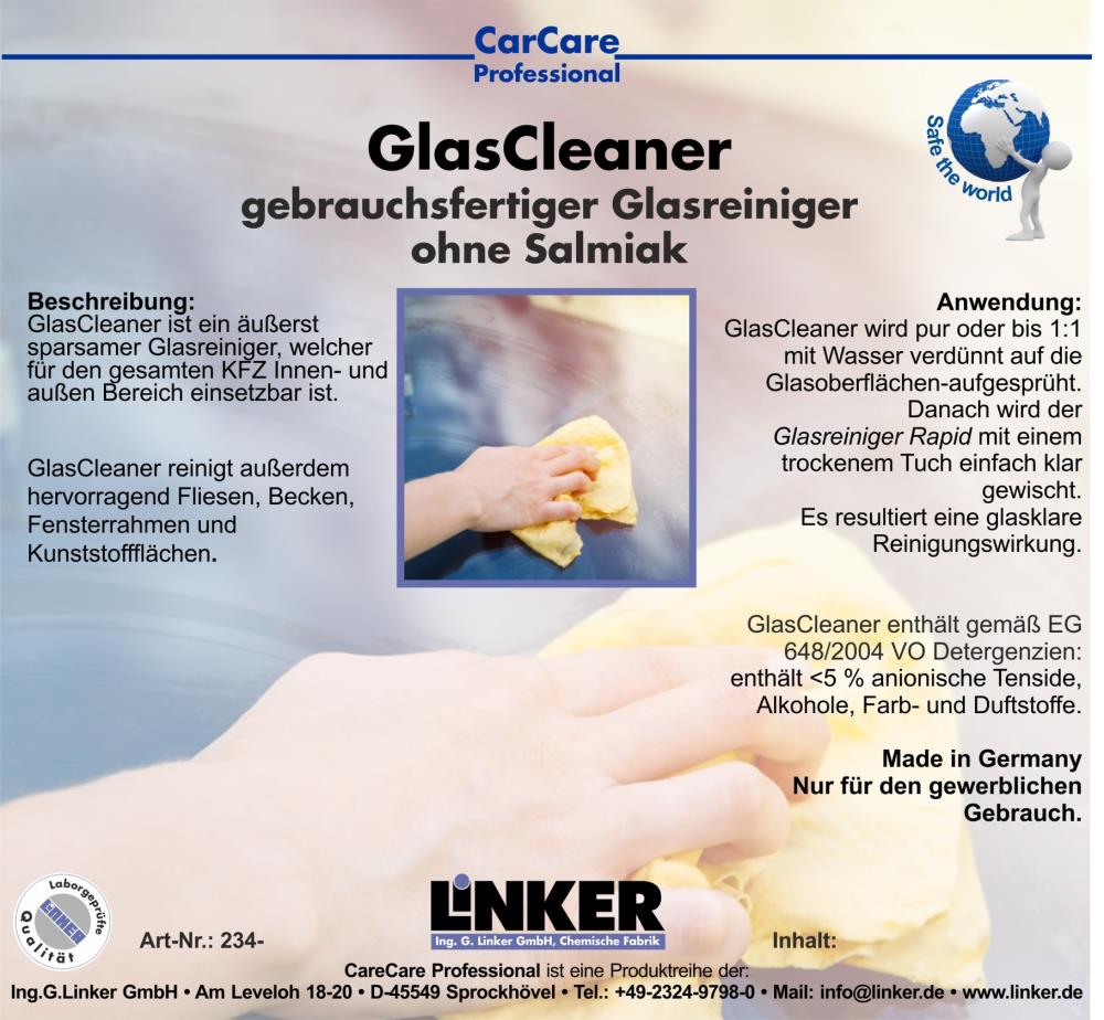 Linker Chemie CarCare Professional - GlasCleaner Glasreiniger KFZ 10,1 Liter