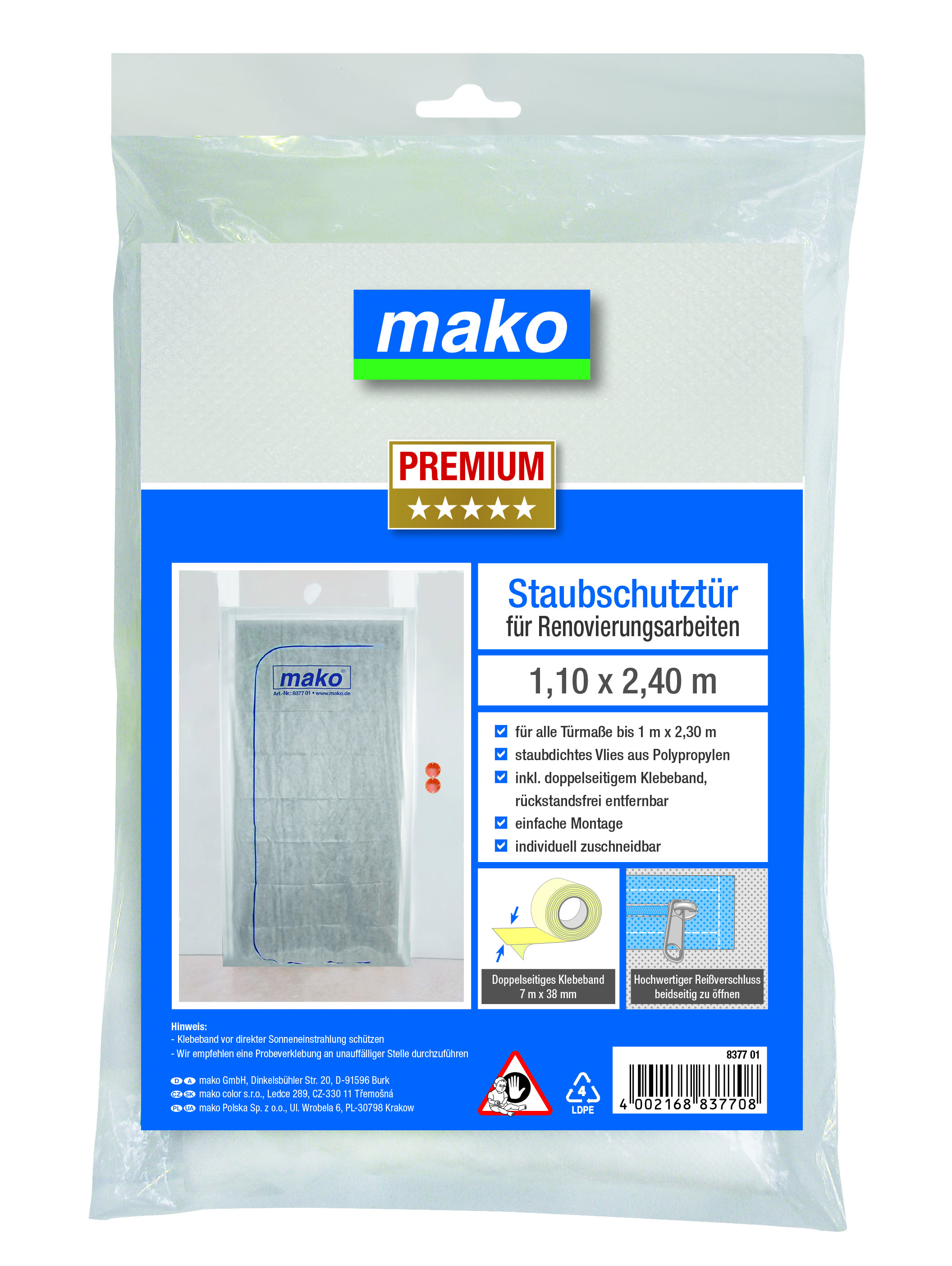 mako Staubschutztür für Renovierungsarbeiten, PREMIUM 1,10 m