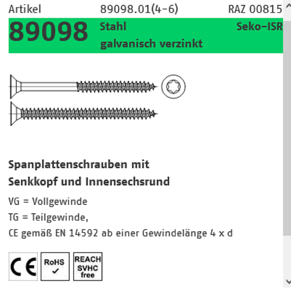Reyher Spanplattenschraube SeKo galv vz. TG 4,0x50 mm 200 ST Reyher Spanplattenschraube SeKo galv vz. TG 4,0x50 mm 200 ST