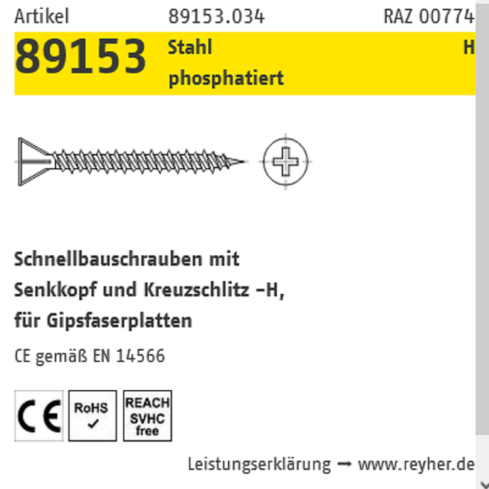 Reyher Gipsfaserplattenschrauben phos. PH 3,9x19 mm 1000 ST
