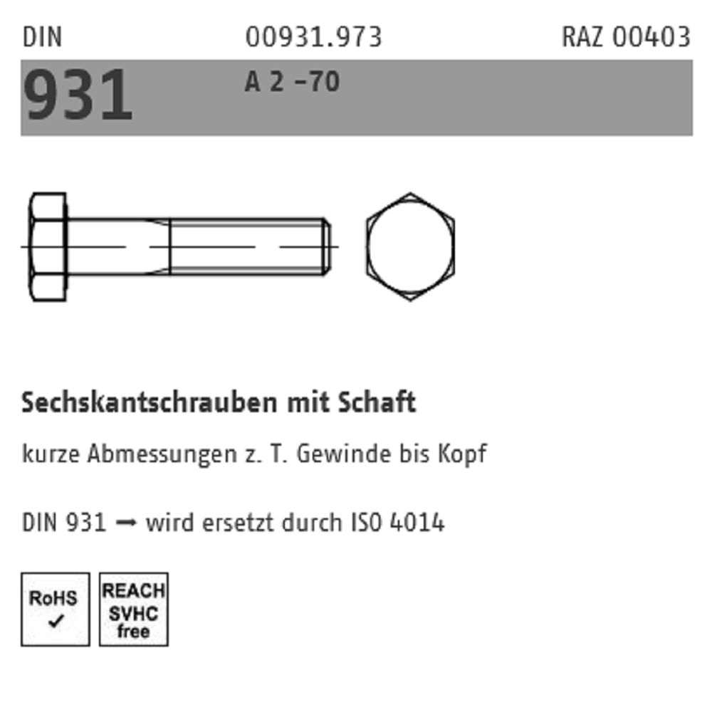 Reyher Sechskantschraube Edelstahl A2 M10xXX mm