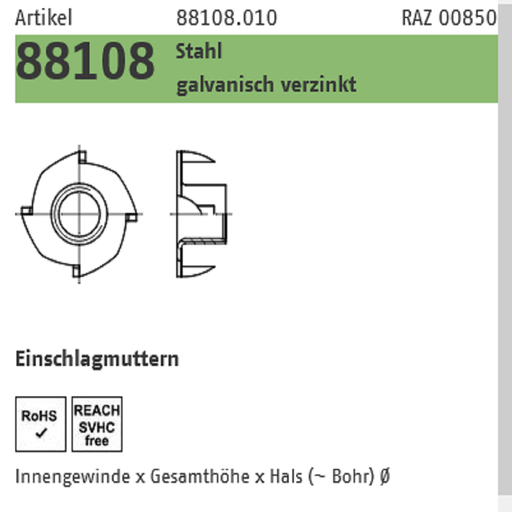 Reyher Einschlagmuttern galv. vz. M6x12x7,5 mm 40 ST