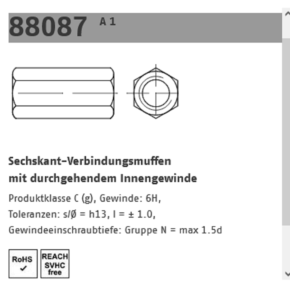 Reyher Verbindungsmuffen 6kant A1 M10x30 mm 25 ST